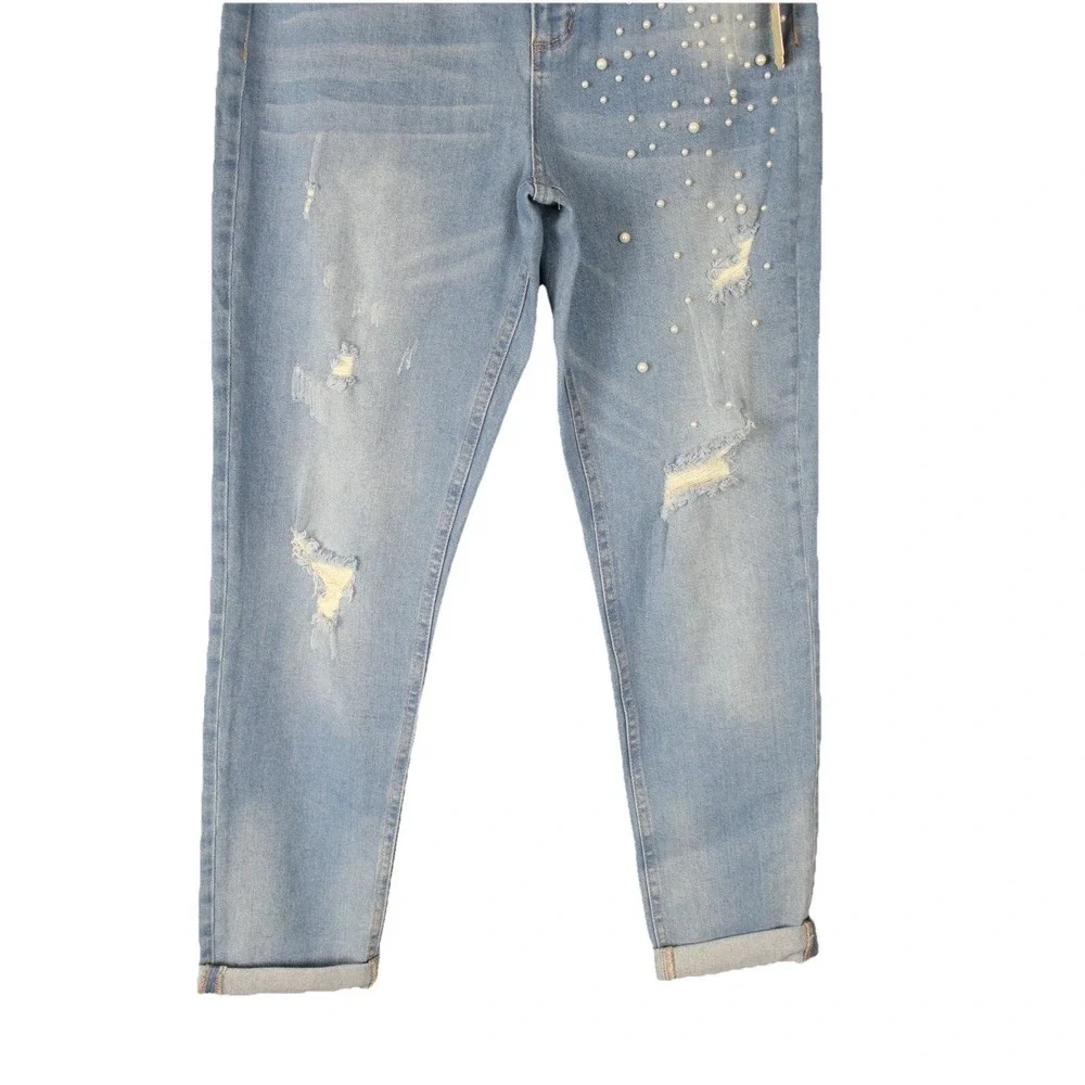 GB Women Jeans Size 7 Blue High Rise Stretch Embellished Distressed Pearl Detail